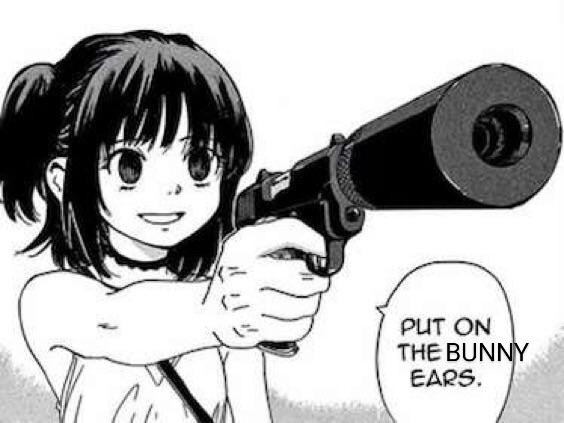 girl from a manga holding a gun and saying put on the bunny ears